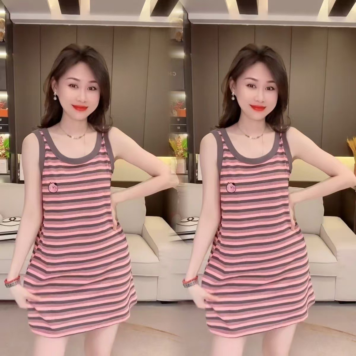 2025 새로운 새끼 고양이 줄무늬 슬링 나이트 가운 느슨한 편안한 만화 귀여운 나이 감소 홈 잠옷