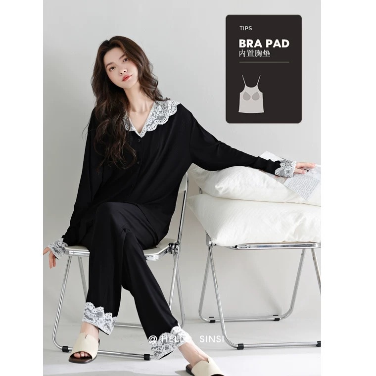 New Lace V Neck Cardigan Long-Sleeved Pants Pajamas Women's Thin Luxury Home Wear Set Can Be Worn Outside