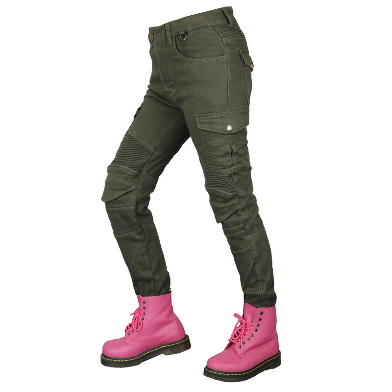 Directo de fábrica VOLERO ejército verde casual forrado de lana pantalones de la motocicleta pantalones vaqueros de la motocicleta de carreras de invierno pantalones para las mujeres