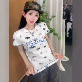 美式复古卡通小狗印花短袖t恤女夏季新款修身显瘦可爱减龄上衣ins