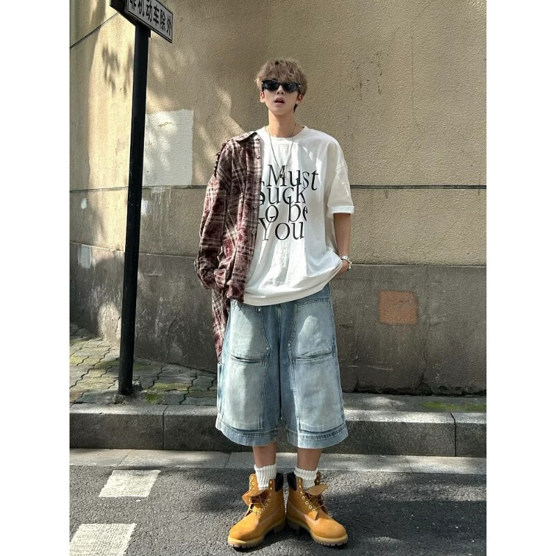 Summer American Retro Washed Vintage Workwear Denim Shorts for Men High Street Straight-Leg Lumberjack Pants Men's Style