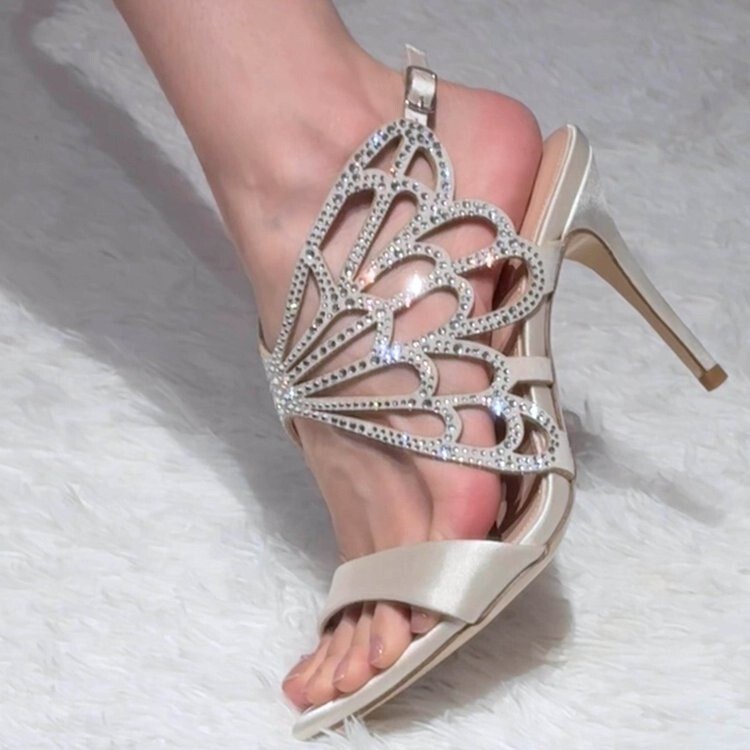 Spring and Summer New Style Open-Toe Rhinestone Hollow-Out Bow Sandals, Satin Ankle Strap Sexy High Heels for Women with Thin Heels