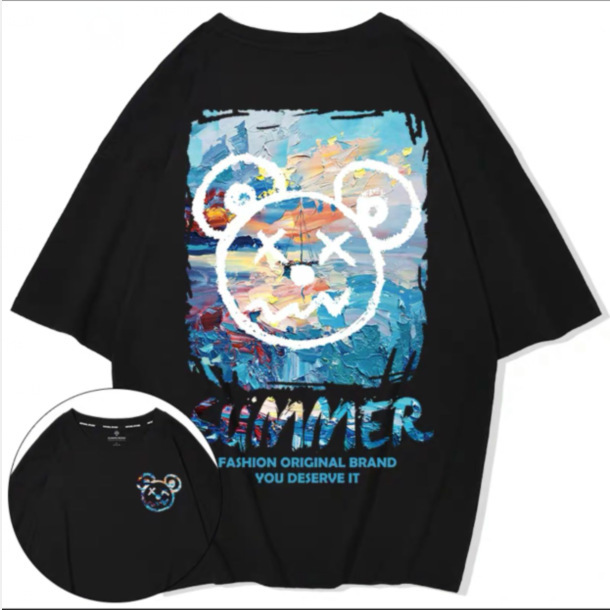 T04 Polyester Printed Short-sleeved T-shirt M-8XL Panda Men's plus size Loose Plus Fat Large National Fashion Hee