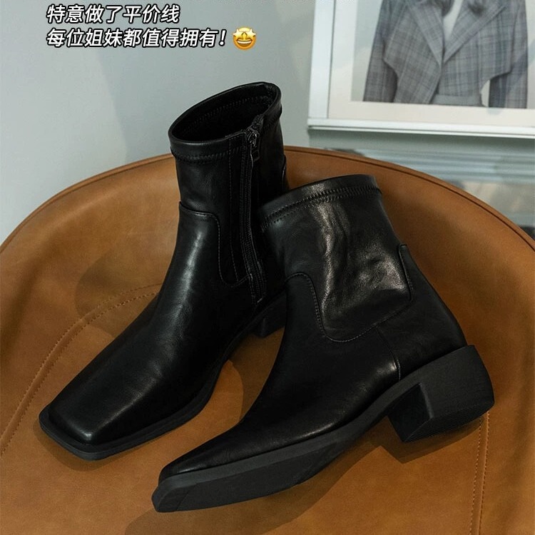 Skinny Boots Soft Sole Comfortable Heated Boots Minimalist Commuting All-Match Square Toe Thick Heel Chelsea Ankle Boots High Heel Naked Boots for Women