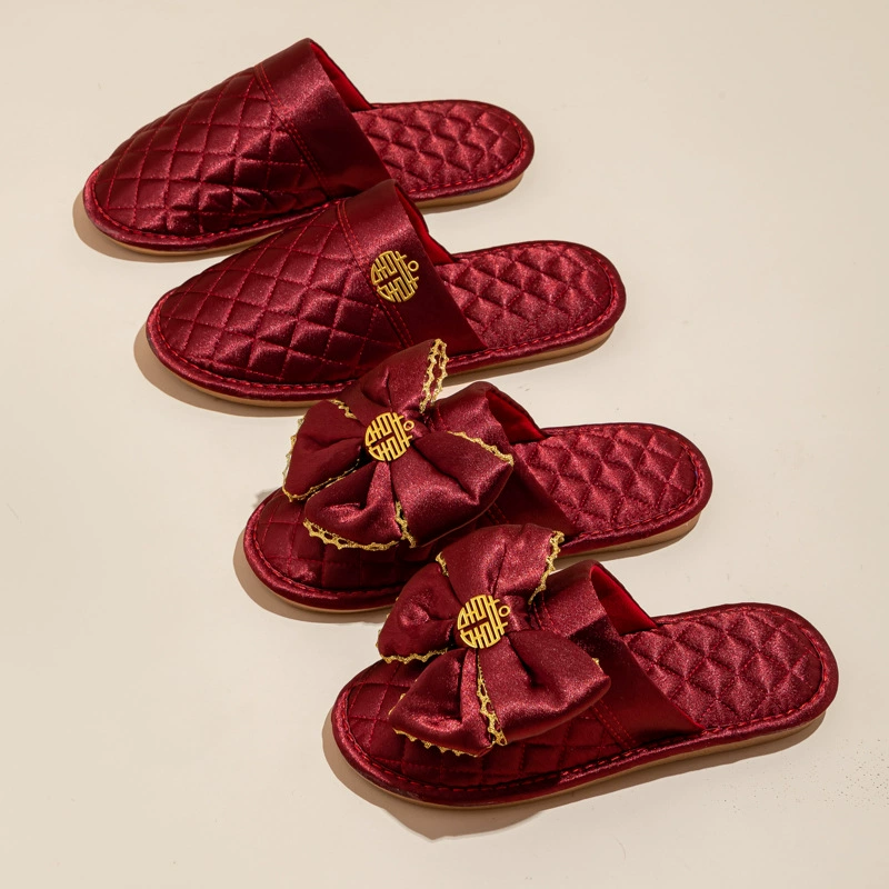 Атласные высококачественные красные свадебные хлопковые тапочки для жениха и невесты, домашние летние весенне-осенние праздничные свадебные тапочки для пар