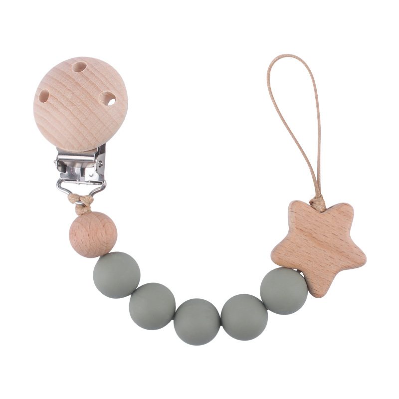 Nuevo bebé haya chupete clip calmante bebé cuentas de silicona estrella de haya de dibujos animados cadena de chupete cadena anti-gota