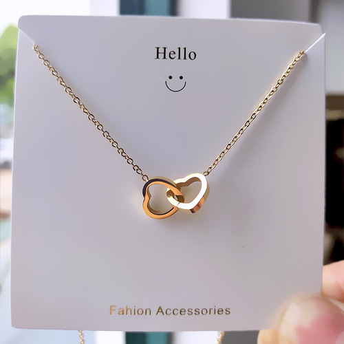 Korean 18k Rose Gold Simple Double Ring Heart Necklace Titanium Steel Colorfast Fashion Necklace Unique Ins Accessory