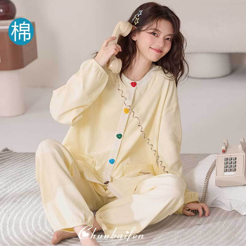 Chunbaifen Pure Cotton Pajamas for Women, Long-Sleeved Waffle Style, Sweet and Wearable as Home Clothes, New Spring and Autumn 2026 Model Chunbaifen Pure Cotton Pajamas for Women, Long-Sleeved Waffle Style, Sweet and Wearable as Home Clothes, New Spring and Autumn 2026 Model