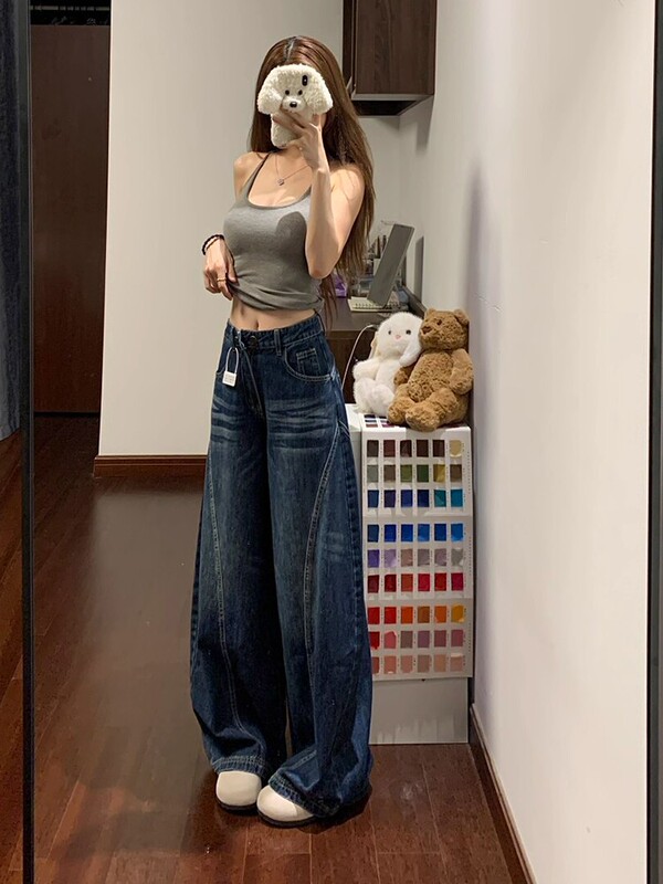 美式复古高街弯刀阔腿牛仔裤女春秋新款高腰垂感显瘦百搭拖地裤子|undefined