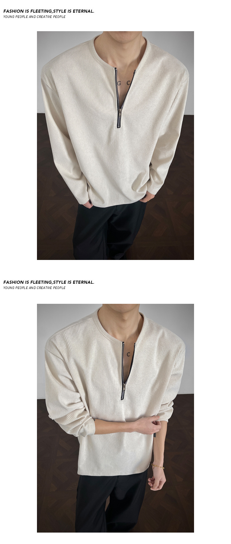American Style Corduroy Half Zip Henley Long Sleeve T-shirt_voghion.com