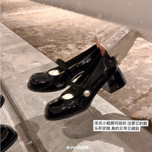 现货 羊皮版~葡萄妈同款韩国圆头珍珠粗跟玛丽珍鞋女单鞋小皮鞋