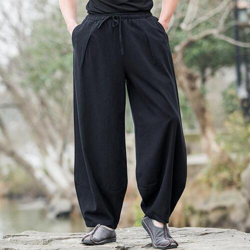 Spring and Autumn Chinese Style Men's Linen Casual Pants, Cotton and Linen Lantern Pants for Men, Loose Large Size Retro Wide Leg Long Pants