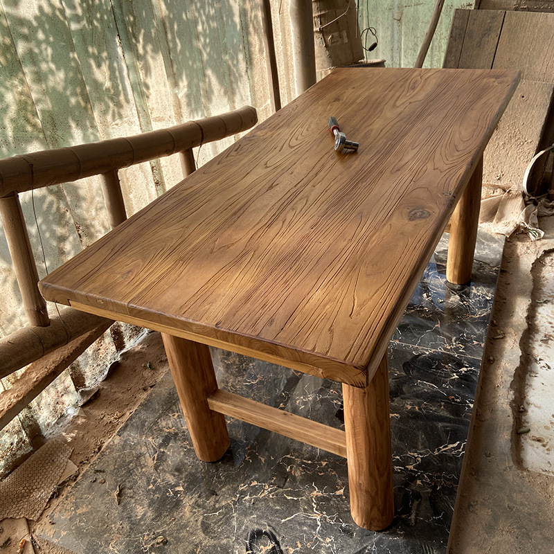 老榆木茶桌原木吧台桌实木长桌现代简约茶台民宿长方形桌椅凳组合