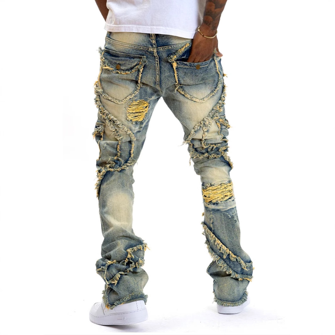 Nuevos jeans transfronterizos europeos y estadounidenses para hombres, tendencia de empalme, elástico, jeans elásticos