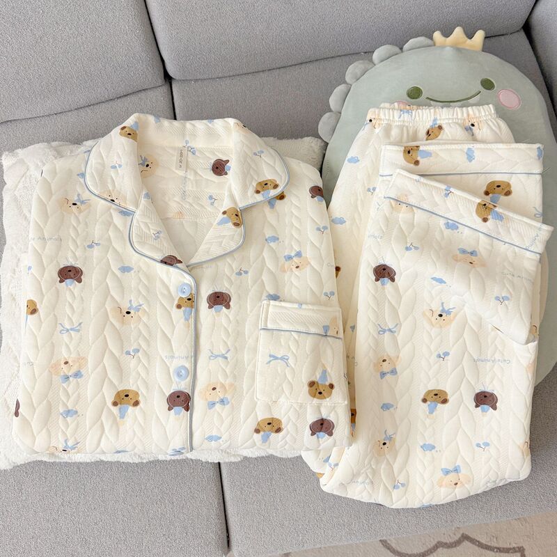 Cute Puppy Air Quilted Pajamas for Women, Spring, Autumn and Winter Sandwich Thickeneded Student Girls Home Clothes That Can Be Worn Outside
