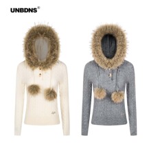 UNBDNS美式辣妹毛领连帽针织毛衣女早秋气质修身打底套头上衣外套