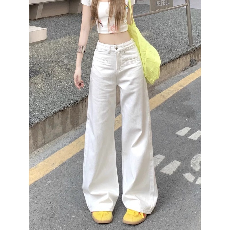 White Wide-Leg Jeans for Women, 2026 Summer Trendy Versatile New High-Waisted Slim Straight-Leg Floor-Length Pants