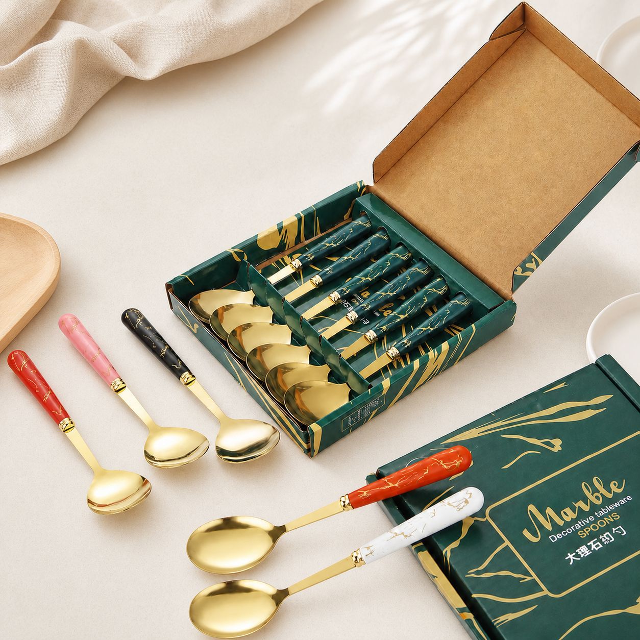 Stainless steel spoon with marble pattern, imitation porcelain plastic handle, household dining spoon, long-handled spoon, creative gift box set