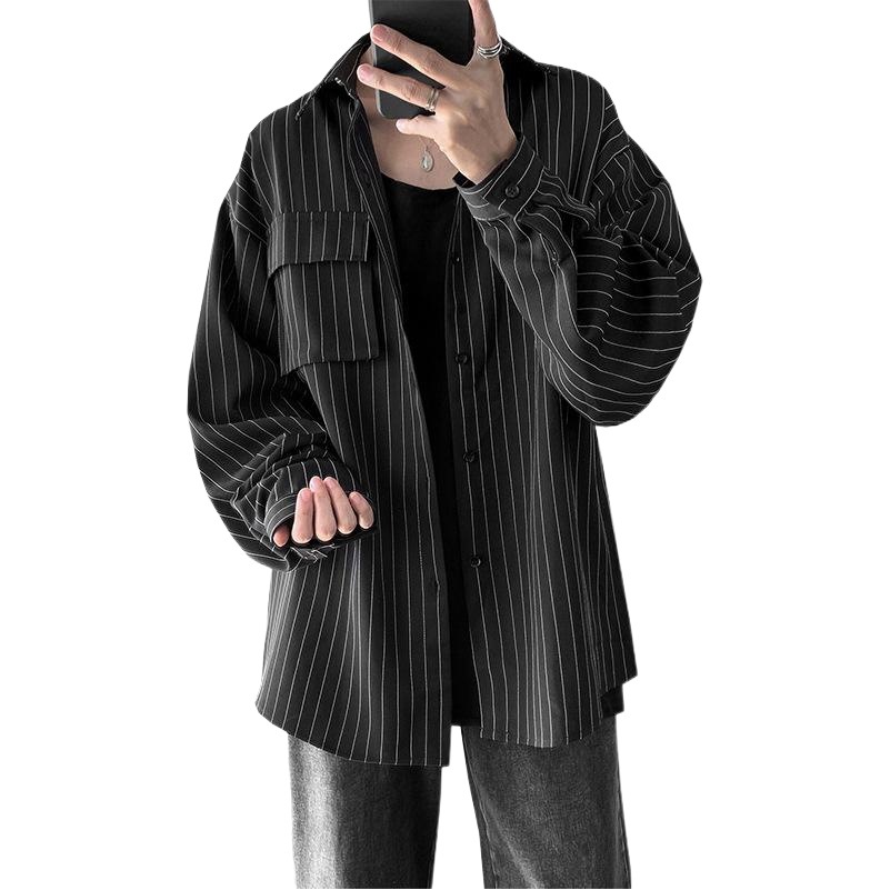 Camisa a rayas de otoño e invierno para hombre estilo Harajuku marca de moda casual Camisa de manga larga estilo coreano chaqueta de camisa suelta de pulgadas