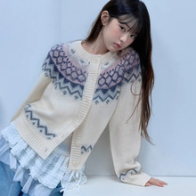 现货2025冬季新韩国东大门张元英同款复古圆领提花费尔岛针织开衫