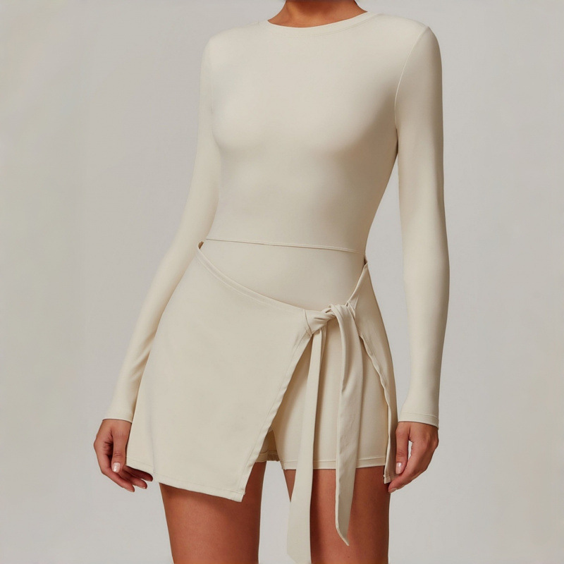 Cross-Border Dropshipping Anti-Exposure Tight-Fitting Sports Dress Sexy Slit Short-Sleeve Tie-Up U-Back Yoga Tennis Dress