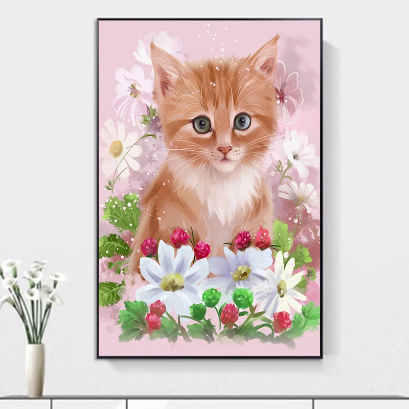 亚马逊卡通猫5diy钻石画花朵可爱猫咪满圆钻客厅装饰挂画厂家直销