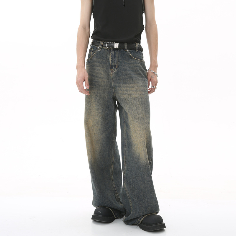 Men's Clothing | 2025 New Vintage Hong Kong Style Distressed Loose Wide-Leg Floor-Length Jeans That Make You Look Taller and Slimmer