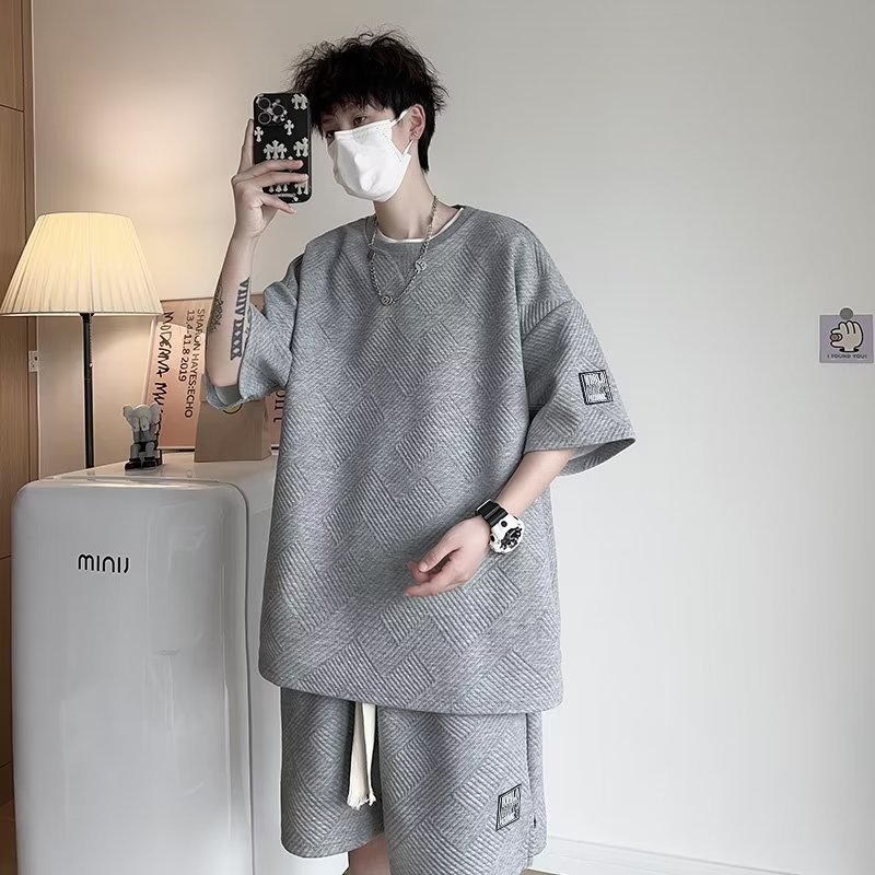 Ice Silk Waffle Short Sleeve T-Shirt Set for Boys And Teenagers Summer Casual Sports Shorts Stylish Outfit Regular Fit Micro-Elastic_viptrois.com