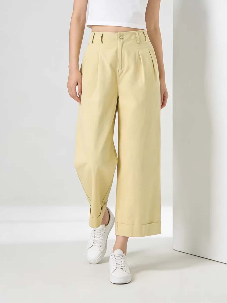 Quần culottes nữ ống rộng cạp cao chất liệu cotton wash — màu vàng