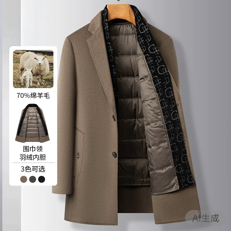 Men's Wool Coat for Winter, Thickened with Scarf Collar, down Lining, Mid-Length, Double-Sided Wool, Dad's Woolen Suit Jacket Men's Wool Coat for Winter, Thickened with Scarf Collar, down Lining, Mid-Length, Double-Sided Wool, Dad's Woolen Suit Jacket