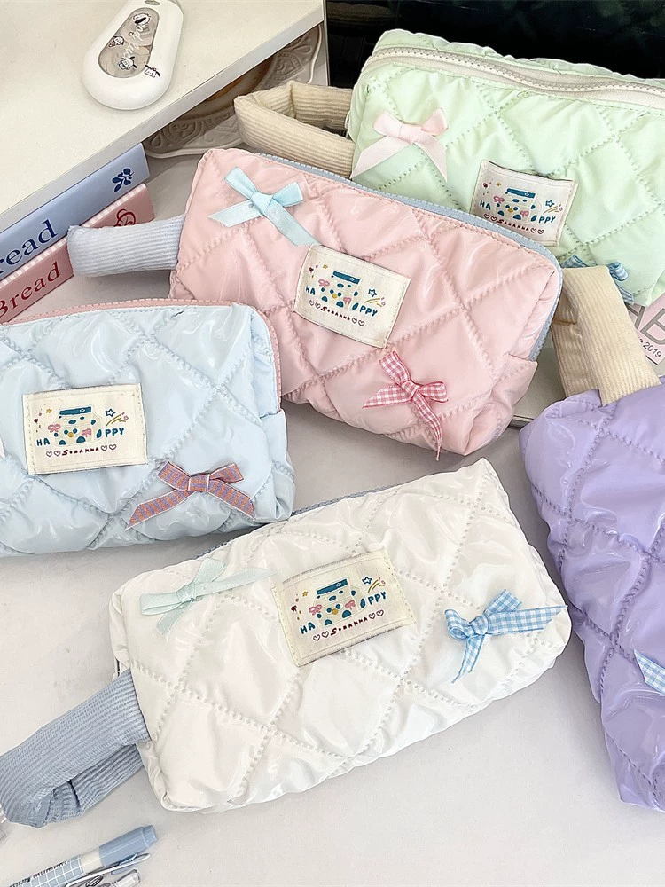 Capacious Pencil Case, Handheld Storage Bag with Bow Accent, Quilted Design, Multiple Colors