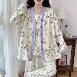 300kg extra-large pajamas spring and autumn monthly clothing loose postpartum lactation pregnant women three-piece set 30134-36#
