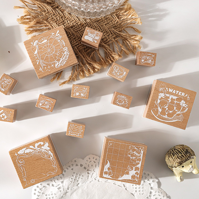 Mu Ran traje de sello lindo de madera registro de práctica de gato creativo divertido libro de mano de dibujos animados decoración sello base