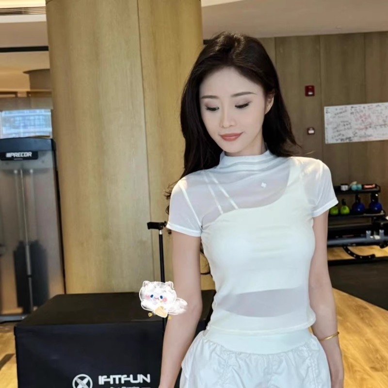 ヨガ服女性の新 2025 夏通気性ヨガフィットネスアウターウェアメッシュファッション半袖女性卸売|undefined