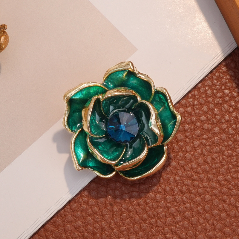 Chanel Style High-grade Peacock Blue Painting Oil Gem Camellia Flower Brooch Luxury Enamel Drop Oil Corsage Pin Clothes Women