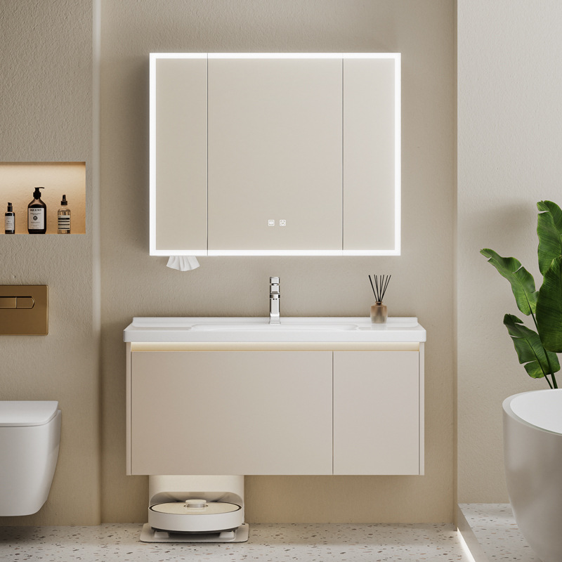 Nuevo tipo de barredora impermeable espacio de aluminio panal colgado pared gabinete de baño combinado en una cuenca de cerámica gabinete de espejo de belleza inteligente