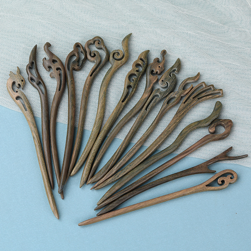 Green sandalwood hairpin ancient style sandalwood chopsticks simple modern green sandalwood hairpin Hanfu hair accessories daily cheongsam updo