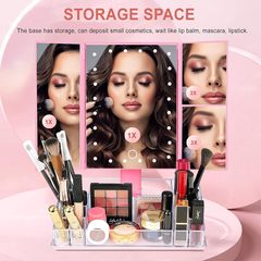 Three-fold makeup mirror with storage box, LED makeup mirror 2x3x magnifying mirror, storage makeup mirror, vanity mirror