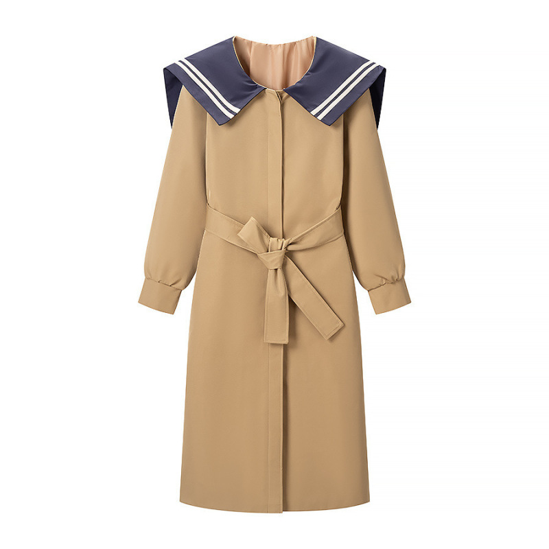 Kaopu Za Women's Clothing Wholesale Summer Cross-Border College Style Fashion Navy Collar Belted Long Trench Coat