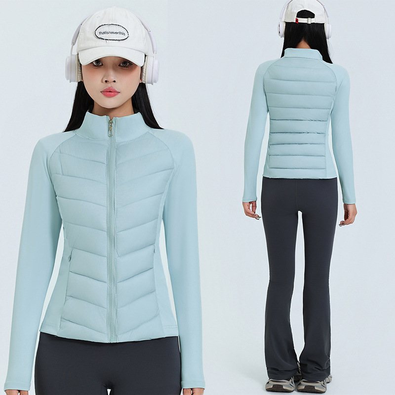 Ropa de yoga, abrigo de algodón de base deportivo, mujer otoño-invierno 2025, nuevo cuello vertical, ligero y delgado con revestimiento interior caliente.