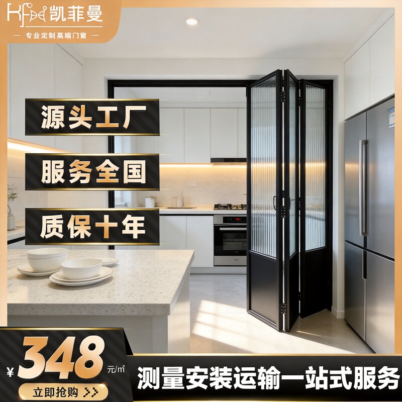 Extremely Narrow Aluminum Alloy Trackless Folding Door, Simple Kitchen and Bathroom Door, Open-Style Tempered Glass Sliding Door