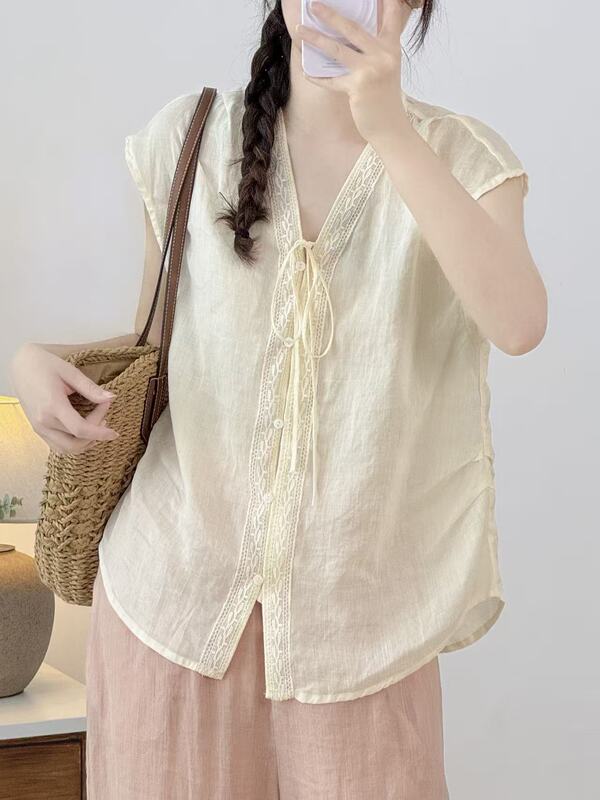 Pure Ramie Embroidered Tie-Front Flutter-Sleeve Shirt 2026 Summer New Style Lightweight Cardigan Top for Women 2671 Pure Ramie Embroidered Tie-Front Flutter-Sleeve Shirt 2026 Summer New Style Lightweight Cardigan Top for Women 2671