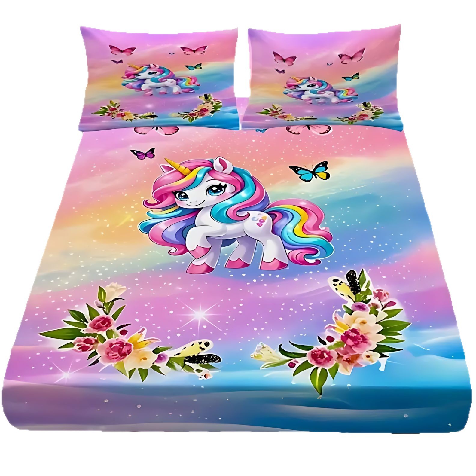 TEMU / JIT dulce y lindo unicornio impresión digital 3D cama de cama de cama de cama de tres piezas
