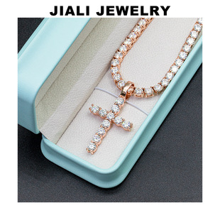 European and American Cross-Border Jewelry 925 Silver 5mm Moissanite Simple Cross Elegant Pendant Japanese and Korean Sweater Necklace Accessories