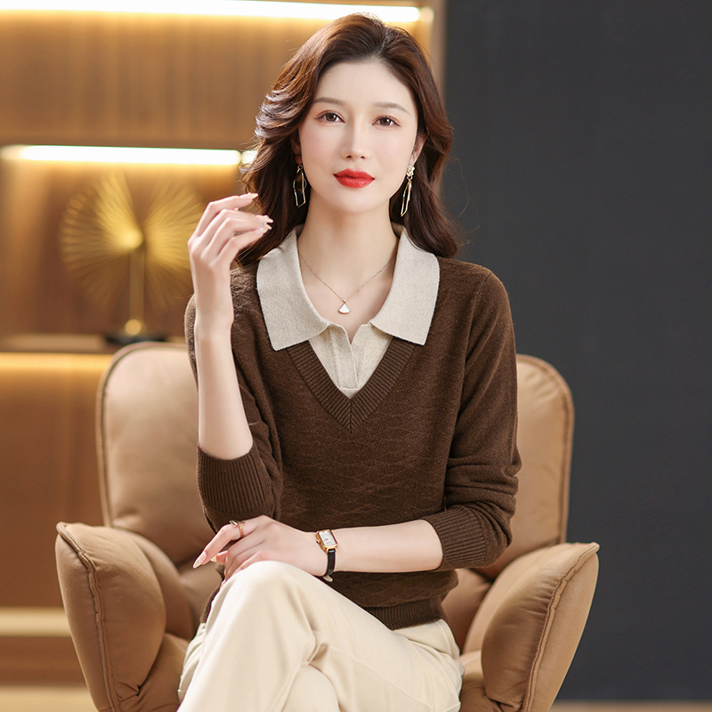 100 pure wool women's sweater lapel new western style undershirt autumn and winter knitted fake two-piece sweater