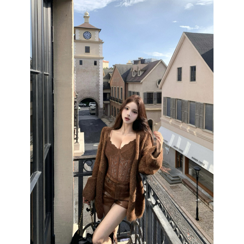 慵懒风毛衣针织外套蕾丝拼接吊带背心+百搭皮短裙纯欲辣妹套装女|undefined
