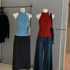 WGWE7003立体绞花肌理挂脖针织背心修身显瘦上衣