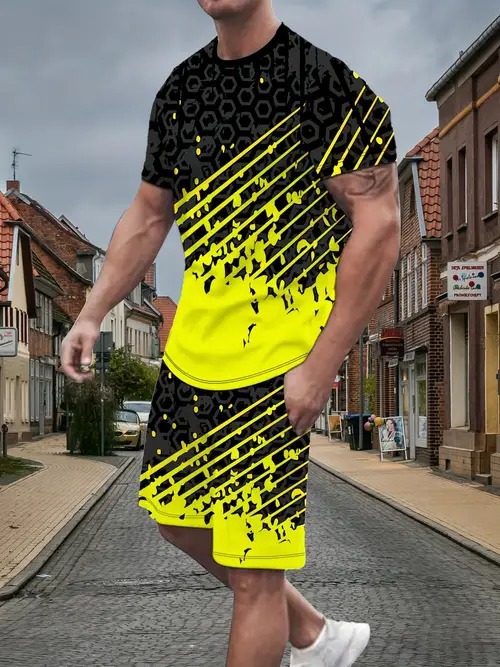 Cross-border 2025 nuevo estilo Amazon europeo y americano degradado de color manga corta cuello redondo camiseta pantalones cortos traje ME5 MA04