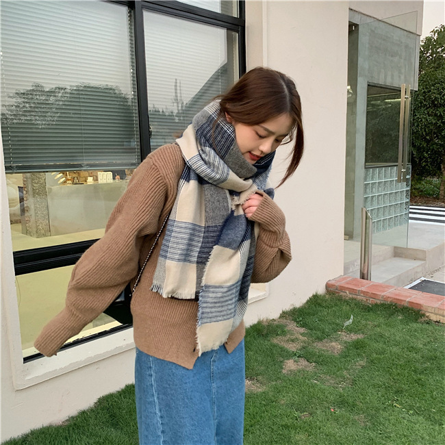Sciarpa a quadri blu bianco super morbida per le donne in autunno inverno, spessa e calda, sciarpa in imitazione cashmere, coreana_voghion.com