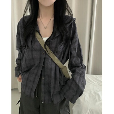 Korean Style Plaid Hooded Shirt Jacket for Women, Sun Protection Plaid Long-Sleeved Shirt